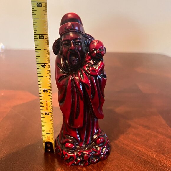 Asian-Inspired Red Resin Figurine Elder Holding Child Detailed Decorative Statue - Picture 2 of 7